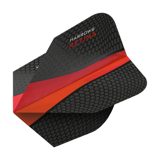 Das Bild zeigt das Produkt "Harrows Retina Rot No6 Flights". Die Darts-Flights sind schwarz mit einem roten Streifen und einem wabenartigen Muster gestaltet.